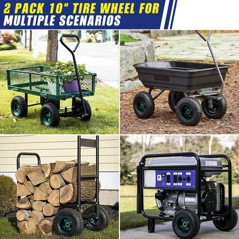 Four Pack 10 Inch Flat Free Airless Tires With Five Eighth Inch Center Bearings on garden cart, dolly, and generator