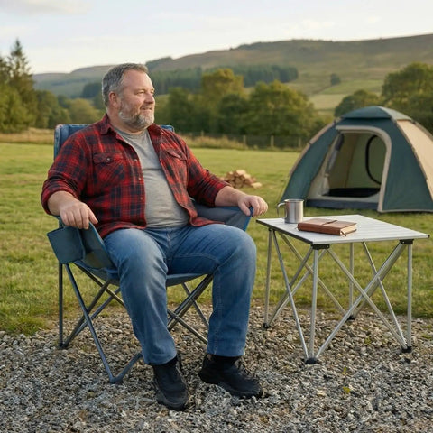 Man sitting on Heavy Duty Portable Camping Chair With 350 Lb Capacity, Extra Wide 1.6 Inch Padded Ergonomic Seat in a campsite.