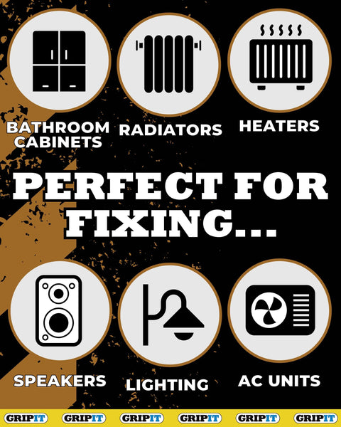 Infographic listing bathroom cabinets, radiators, heaters, speakers, lighting, AC units ideal for fixing with Brown 20mm Plasterboard Fixings For Stud Walls 4 Pack Hand Tighten Only Max Load 93 Kg Ideal For DIY And Trade Use To Hang Curtain Rails Bookshelves Shelving Units And Kitchen Accessories Safely.
