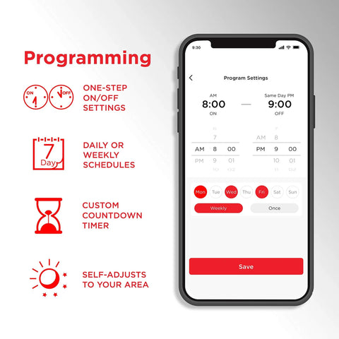 Mobile app interface showing programming settings for Dual Grounded Outdoor Smart Plug In Matte Black Case Connects To 2.4Ghz Wifi.