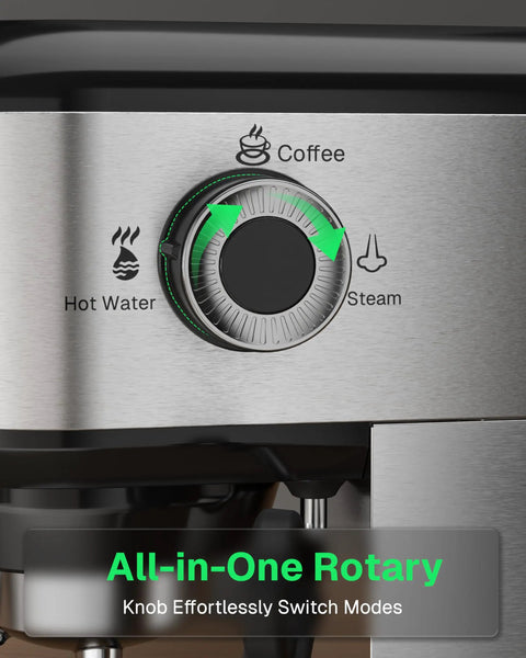 Close-up of rotary knob on Barista Grade 20 Bar Espresso Machine With Milk Frother For Ground Coffee Compact Stainless Steel Coffee Maker