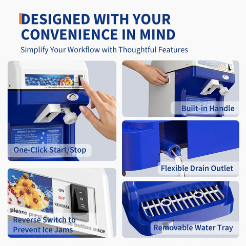 Pro Grade Ice Shaver Crusher With 300 Lbs Per Hour Capacity 500W Tabletop Snow Cone Machine features and parts labeled for use.