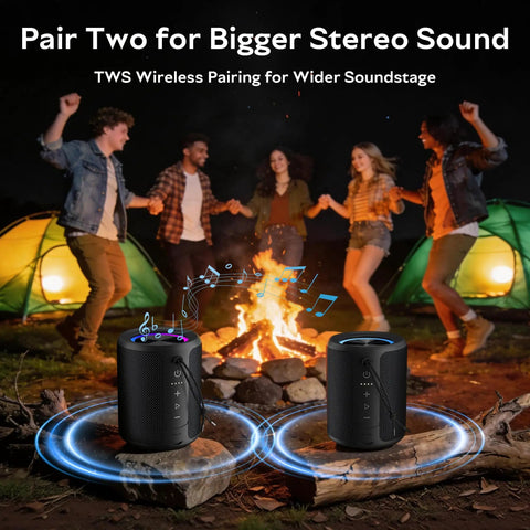 Two Rugged Portable Bluetooth Speakers With 20W Loud Stereo Sound IPX7 Waterproof 15 Hour Battery in outdoor camping setup.