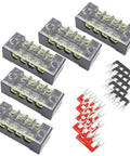 Five Sets Of Four-Position Dual-Row Screw Terminal Blocks, 600V 15A, Heavy Duty Strip With Barrier Jumpers, Includes Ten Jumpers In Black And Red, Perfect For Pro Electronics Projects And DIY Power Distribution Gear; five blocks and jumpers