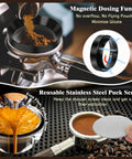 Magnetic Dosing Funnel and Reusable Stainless Steel Puck Screen from Grab This Legit 10 Piece Espresso Accessories Kit.