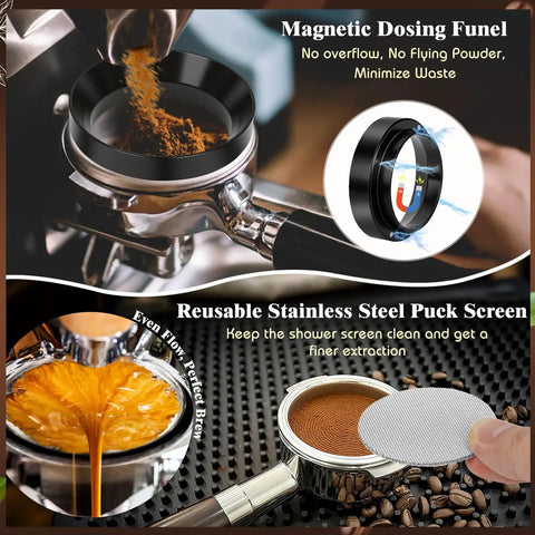 Magnetic Dosing Funnel and Reusable Stainless Steel Puck Screen from Grab This Legit 10 Piece Espresso Accessories Kit.
