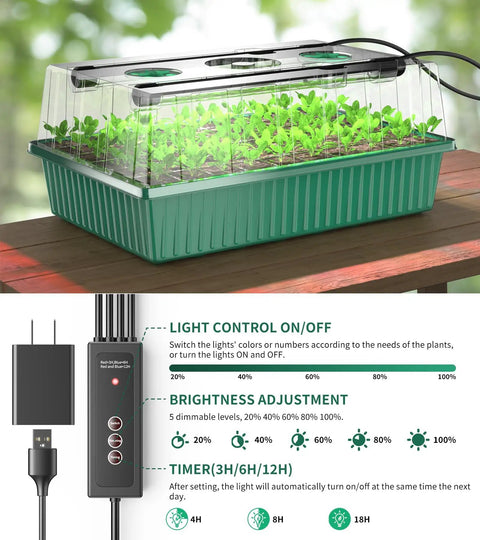 120 Cell Seed Starter Trays With Built In Grow Light Kit 2 Pack showing seedling tray, air vent humidity dome, LED controls