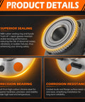 Rear Wheel Hub And Bearing Assembly For Acura EL 2001 2002 2003 2004 2005 And Honda Civic 2001 2002 2003 2004 2005 Drop In Replacement With ABS 4 Lug Direct Fit showing superior sealing, precision bearing, and corrosion resistance features in product details.