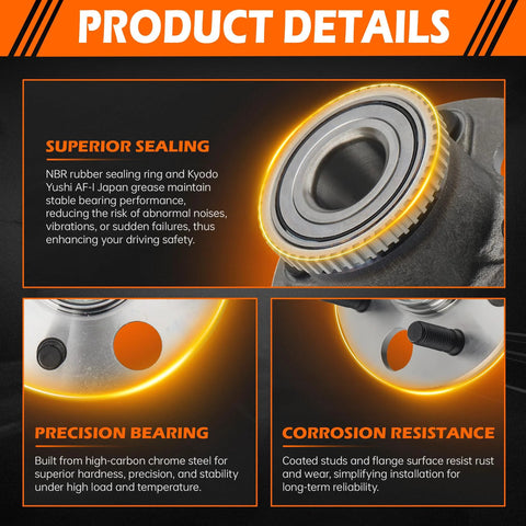 Rear Wheel Hub And Bearing Assembly For Acura EL 2001 2002 2003 2004 2005 And Honda Civic 2001 2002 2003 2004 2005 Drop In Replacement With ABS 4 Lug Direct Fit showing superior sealing, precision bearing, and corrosion resistance features in product details.