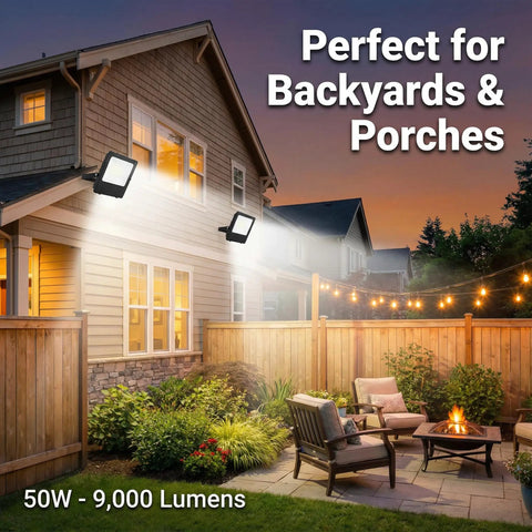 Two Pack 50W LED Flood Lights Outdoor IP66 Waterproof Daylight 6500K 14000 Lumens illuminating a backyard with seating area