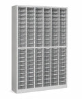 Tough Metal Tool Storage Cabinet With Open Front Drawers For Grab And Go Screw Fastener Sorting And Heavy Duty Hardware Organization That Keeps Your Workspace Streamlined, featuring clear plastic bins.
