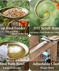 Sturdy Two In One Deck Bird Bath And Feeder Combo With Adjustable Railing Clamp Antique Gold Metal Yard Ornament showing large bowl, clamp, and blue bird.