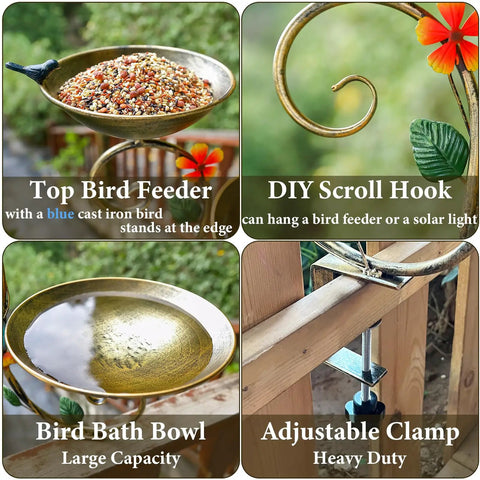Sturdy Two In One Deck Bird Bath And Feeder Combo With Adjustable Railing Clamp Antique Gold Metal Yard Ornament showing large bowl, clamp, and blue bird.