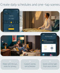 TaHoma Switch Hub for RTS Motors interface showing app control and scheduling on smartphones next to relaxing home scenes
