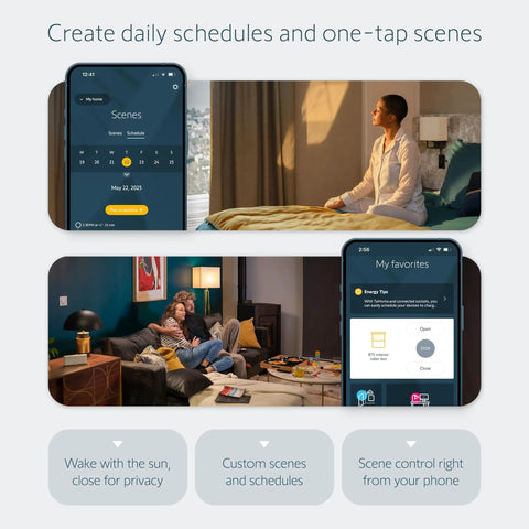 TaHoma Switch Hub for RTS Motors interface showing app control and scheduling on smartphones next to relaxing home scenes