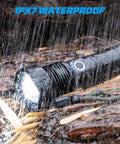 Crazy Bright 90000 Lumens Rechargeable LED Flashlight Set, 2 Pack in heavy rain showing waterproof feature