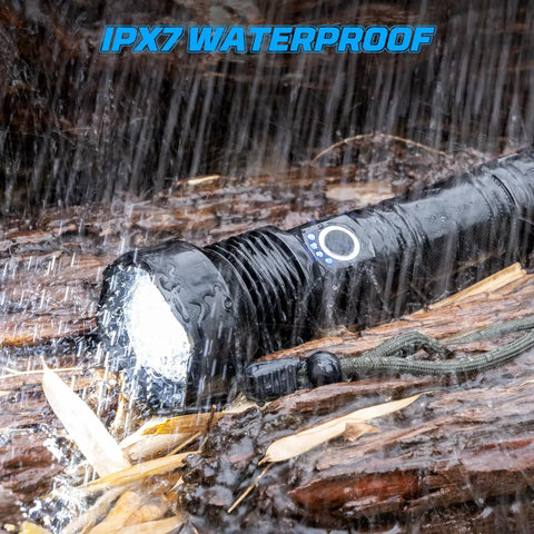 Crazy Bright 90000 Lumens Rechargeable LED Flashlight Set, 2 Pack in heavy rain showing waterproof feature
