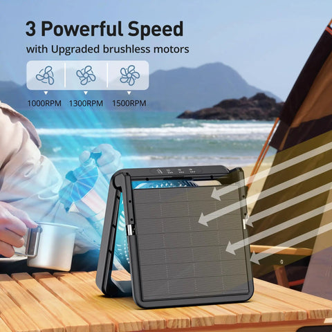 11.5 Inch Portable Solar Powered Fan with Battery Backup on table, ocean view, for camping and outdoor travel.