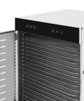 Heavy Duty Food Dehydrator Machine Featuring Rock Solid Stainless Steel Trays with digital touch panel and open door view.