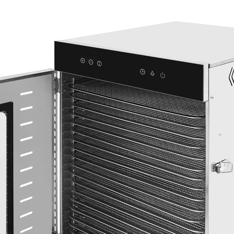Heavy Duty Food Dehydrator Machine Featuring Rock Solid Stainless Steel Trays with digital touch panel and open door view.