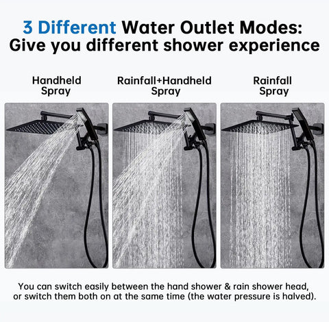 All Metal 10-Inch Rainfall Shower Head With Handheld Spray Combo, 3-Setting Diverter showing different water modes, oil rubbed bronze.