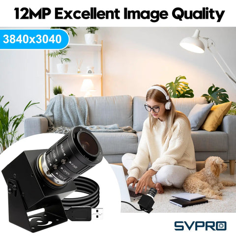 High Speed 1080P 120fps USB Camera For Golf Swing Analysis With 12MP Sensor 4K Capable Manual Focus And 3X Optical Zoom UVC Plug And Play Webcam For PC Mac Laptop Raspberry Pi showcased in a living room setting with a woman using a laptop on the couch.