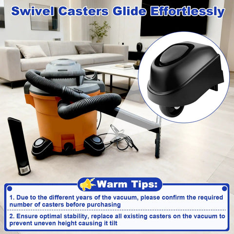 Replace Those Stubborn Rollers With This Boss Four Piece Caster And Foot Assembly Providing Butter Smooth Gliding Action and Rock Solid Wobble Free Stability For Your Heavy Duty Wet Dry Shop Vacuum Daily Cleanup Tasks. Caster close-up with vacuum.
