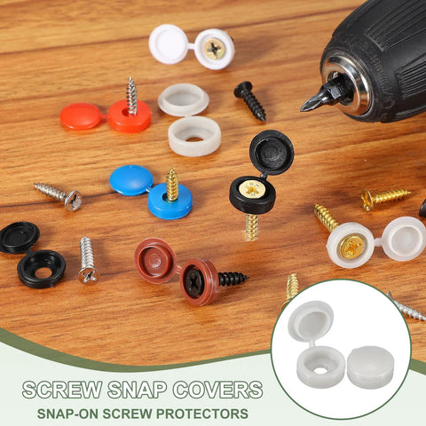 5 Mm Beige Hinged Screw Covers, Plastic Shutter Caps With Fold Snap Washer, 100 Pack on wooden surface with drill and screws