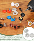 Slick Hinged Screw Snap Covers Set Of 200 Bronze Plastic Shutter Screw Caps For Cabinet Drawer Fixtures shown with various screws.