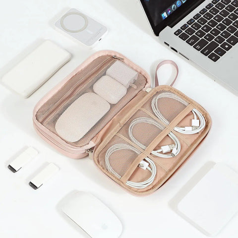 Travel Cord Organizer Case With Dual Layer Design For Chargers Cables Phone USB Drives And Small Gadgets Medium Pink Tech Organizer Bag With Elastic Straps And Zipper Mesh Pockets For Easy On The Go Storage open with cables and gadgets inside