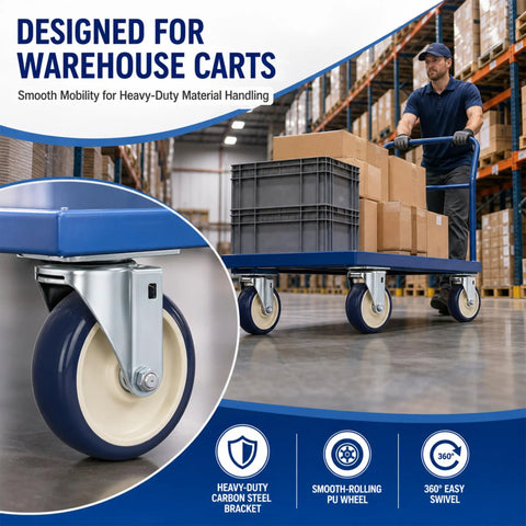 Premium 5 Inch Caster Set Brings Rollin Smooth Moves To Your Workflow Using Silent Nonmarking Polyurethane Wheels for carts.