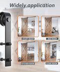 6 Foot Lite Sliding Barn Door Hardware Kit Heavy Duty Combination Track Included Easy To Install Manual Carbon Steel Upgrade Low Clearance 265 Lb Capacity Black Finish showing application in various rooms.