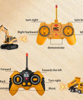 RC Construction Vehicle Set With Excavator And Dump Truck Includes remote controls showing functions for excavator and truck