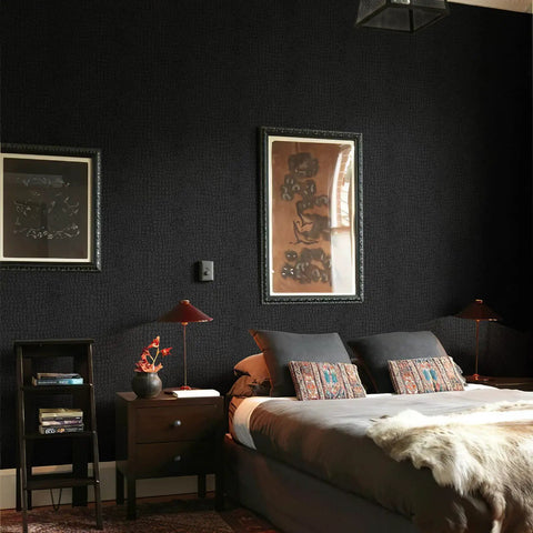 Bedroom with Dope Crocodile Texture Charcoal Black Wallpaper 3D Embossed Non Woven With Pre Applied Adhesive on walls.