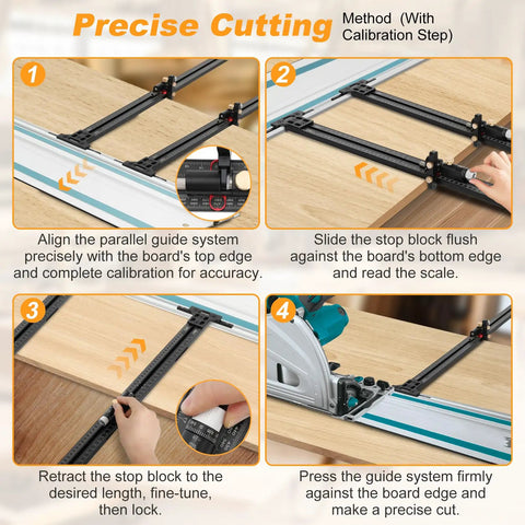 Precision Track Saw Parallel Guide System Featuring Micro Adjustable Flip Stop And Zero Calibration Fence For Exact 0.001 Inch Rip Cuts Smooth As Silk Woodworking Edge Alignment Tool shown in calibration steps.