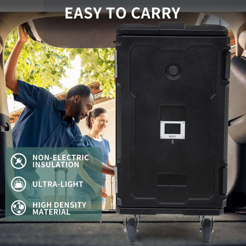 Insulated Food Pan Carrier 127 Quart LLDPE Hot Box For Catering With Stainless Steel Pans And Swivel Casters in transport