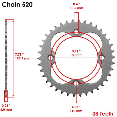 Honda TRX400EX Sportrax 400 Drive Chain And Sprockets Kit, 38T rear sprocket with measurements, 520 pitch chain, side view