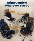 Feel The Ultimate Comfort With This Doctor Approved Memory Foam Seat Cushion Designed For Office Chairs And Cars To Crush Tailbone Pain And Sciatica Suffering While Boosting Your Posture During Those Long Grind Sessions In Style Black, shown in various chairs.