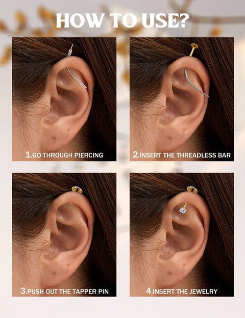 How to use 20G Flat Back Threadless Earrings For Women And Men Hypoallergenic 316L Surgical Stainless Steel Nose Lip Tragus Cartilage Medusa Piercing Jewelry 2mm Studs With 14K Gold Filled Shine, showing ear piercing steps.
