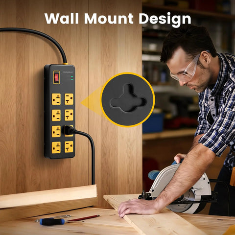 Heavy Duty Eight Outlet Power Strip With Twenty Amp Surge Protection And Six Foot Twelve Gauge Extension Cord For Workshop Garage And Kitchen Use 1960J Safety Shield wall-mounted in workshop.