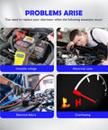 Diagram showing alternator issues like unstable voltage, abnormal noise, electrical failure, and overheating in a car engine.