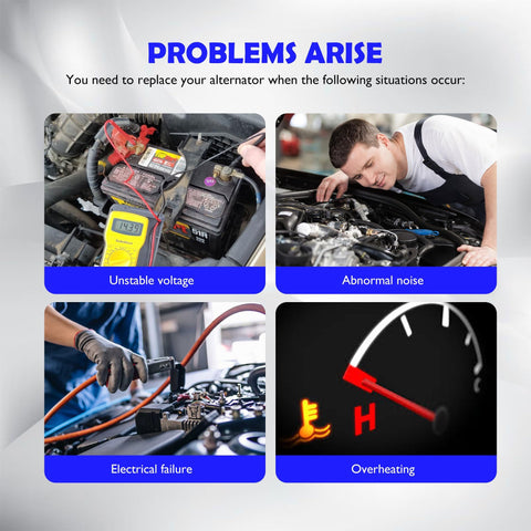 Diagram showing alternator issues like unstable voltage, abnormal noise, electrical failure, and overheating in a car engine.