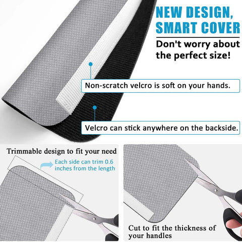 Refrigerator Door Handle Covers Set Of 6 Trim To Fit Washable Fridge Handle Protector Keeps Dirty Handprints Off No Hassle Easy Timesaver Kitchen Decor Gray Looks Great showing gray cover with velcro fastening and trim-to-fit feature with scissors.