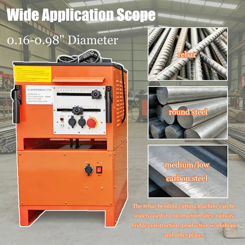 Heavy Duty 1 Inch Electric Rebar Bender And Cutter With Rock Solid Build And Zero Fuss Operation For Knockout Precision Cuts With Dual Flex Angle Locks On 110V machine with controls in a workshop environment.