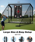 Heavy Duty Golf Practice Net 10x7ft For Indoor Outdoor Training With Ball Capture System And Carry Bag Portable Hitting Net Perfect For Backyard Driving Chipping And Swing Practice setup on a field with a golfer swinging.