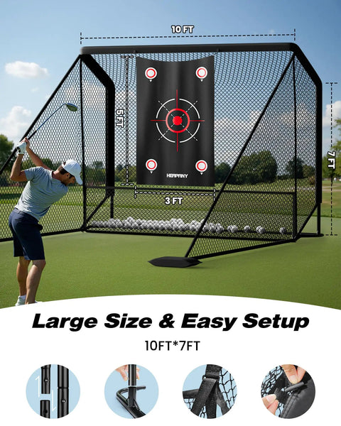 Heavy Duty Golf Practice Net 10x7ft For Indoor Outdoor Training With Ball Capture System And Carry Bag Portable Hitting Net Perfect For Backyard Driving Chipping And Swing Practice setup on a field with a golfer swinging.