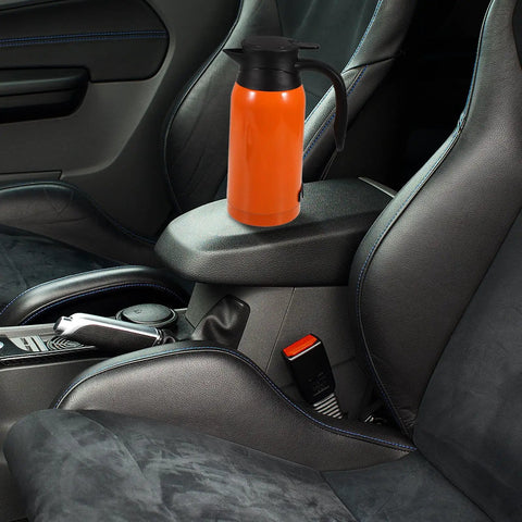 Heavy Duty 1000Ml Stainless Steel Car Electric Kettle And Water Heater on car armrest, ideal for truck drivers.