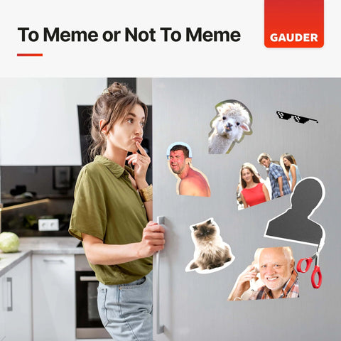 Woman contemplating memes on a fridge with Adhesive Backed Magnetic Sheets 8x10 Inches Black 3 Pack For Fridges Whiteboards And Metal Surfaces