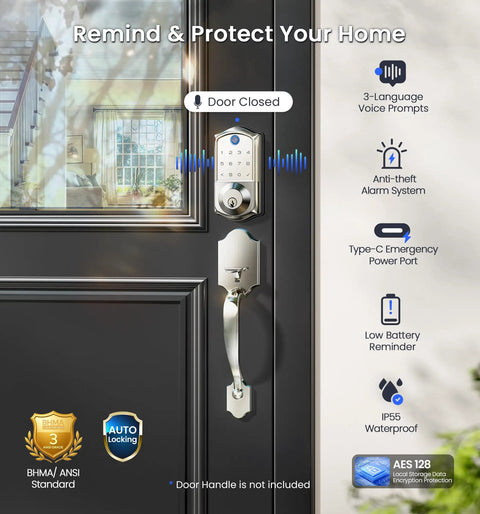 Satin Nickel WiFi Smart Keyless Entry Lock For Front Door Featuring Fingerprint And Password Access Mobile App Control For No Sweat Remote Access And Straight Up Knockout Home Protection