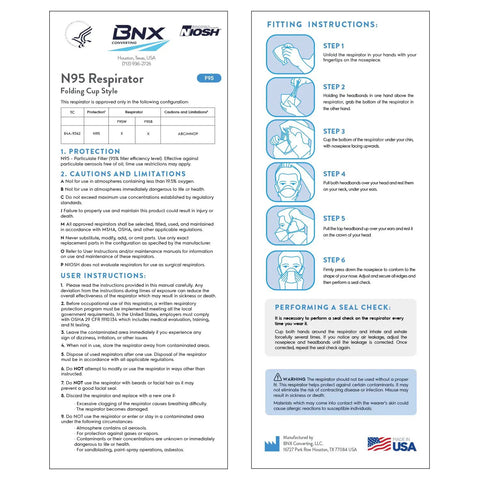 Instruction sheet for N95 Mask Black Particulate Respirator Over-The-Head Headband Fit NIOSH Certified 95 Percent Protection Made In USA.